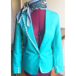 Turquoise Blazer with Floral Accents